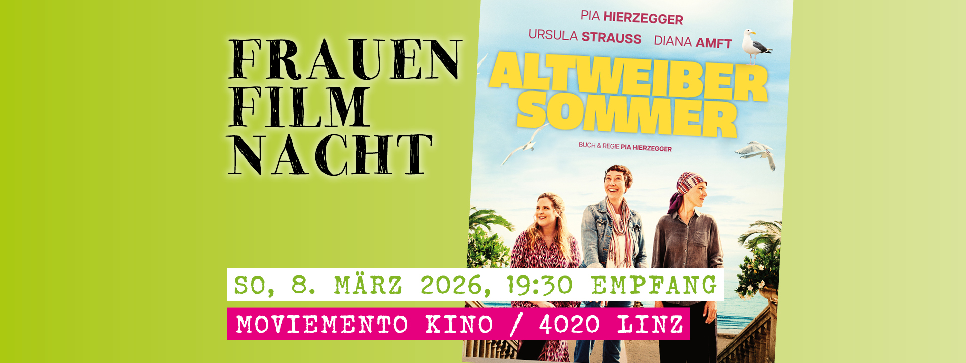 FrauenFilmNacht, So, 8.3.2026, 19:30 Empfang im Moviemento